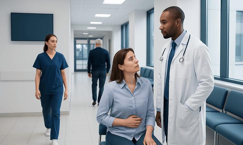Doctor consulting a patient in a hospital corridor with medical staff nearby.