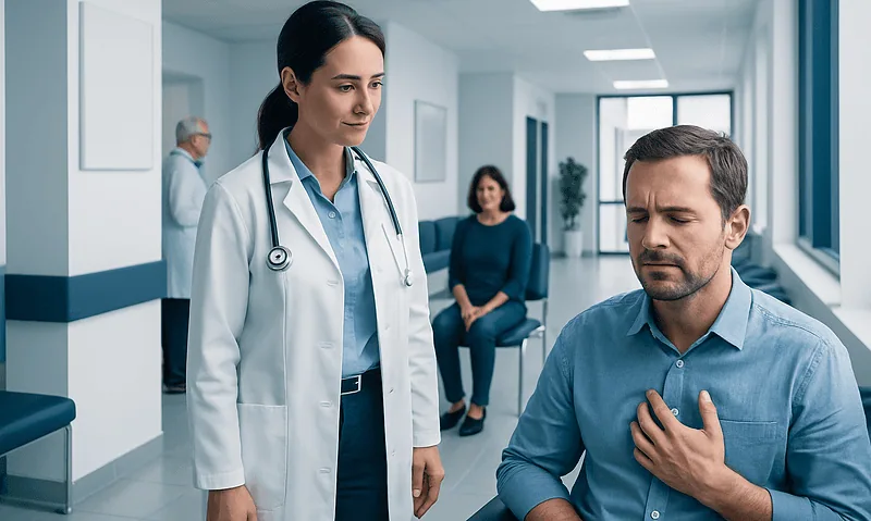 Doctor examining a patient with chest discomfort in hospital corridor.