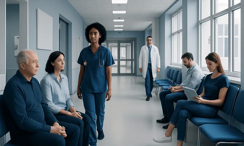 Diverse group of patients and healthcare professionals in hospital corridor.
