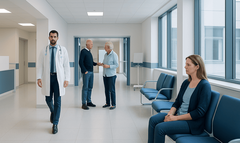 Healthcare professionals and patient in a modern hospital corridor.