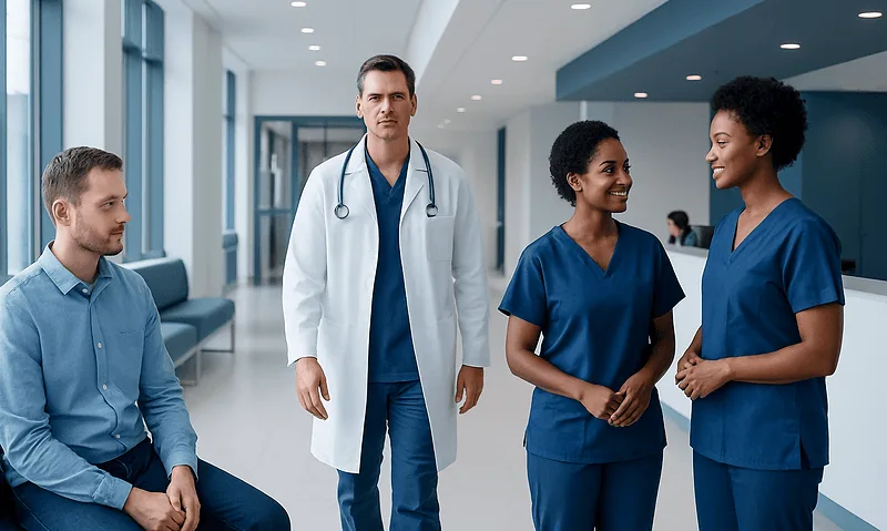 Medical team in hospital corridor with doctor and nurses.