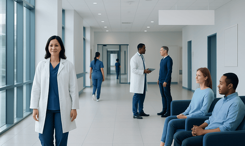 Healthcare professionals and patients in a modern hospital corridor.