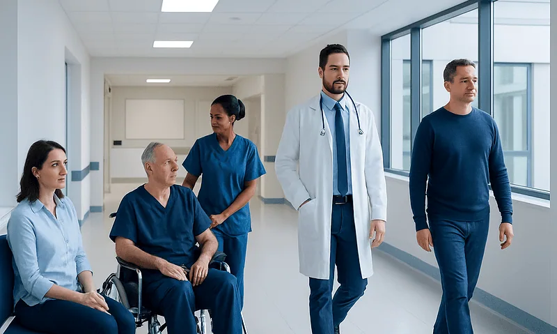 Medical team walking with patient in hospital corridor.