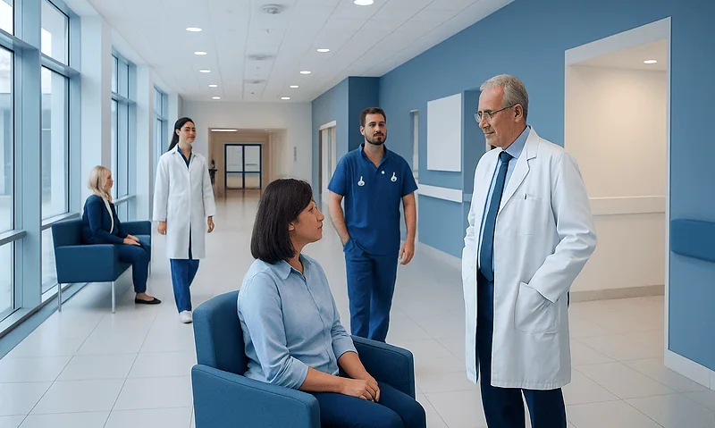 Medical consultation in a modern hospital corridor with healthcare professionals and patient.