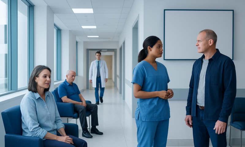 Hospital waiting area with medical staff and patients.