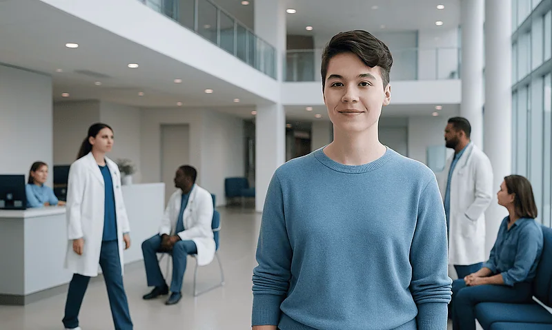 Young patient smiling in hospital lobby with medical staff in background.