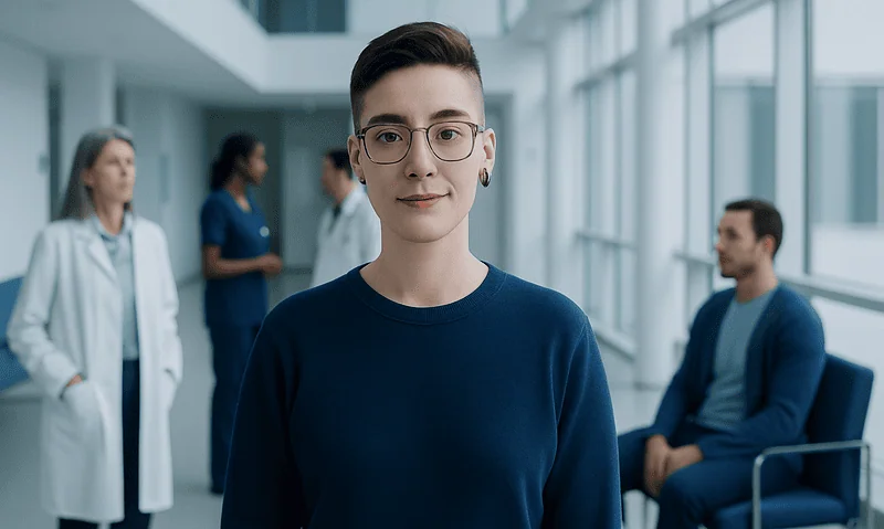 Confident transgender individual in a hospital setting with medical staff.