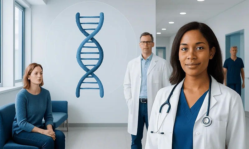 Medical team discussing gene therapy in a hospital setting with DNA helix graphic.