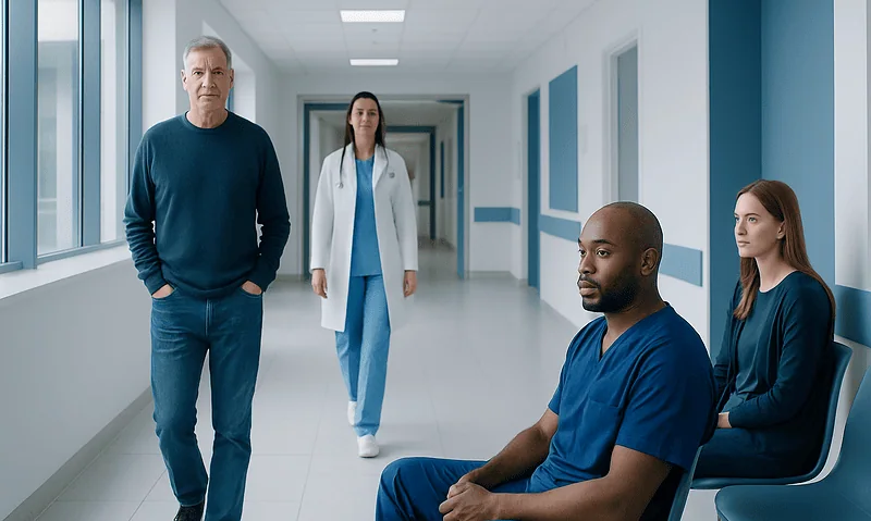 Medical team in hospital corridor with patient and staff members.