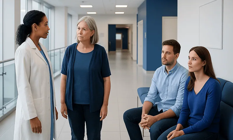 Doctor discussing genetic testing with a patient in a hospital corridor.