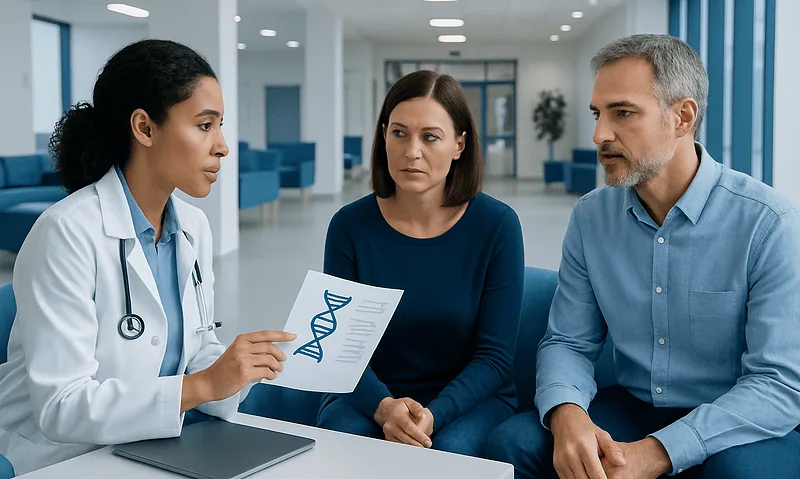 Doctor explaining genetic testing to patients in a hospital setting.