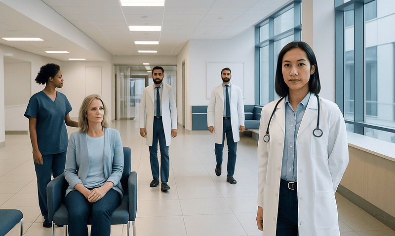 Medical team in hospital corridor with doctor and patients.
