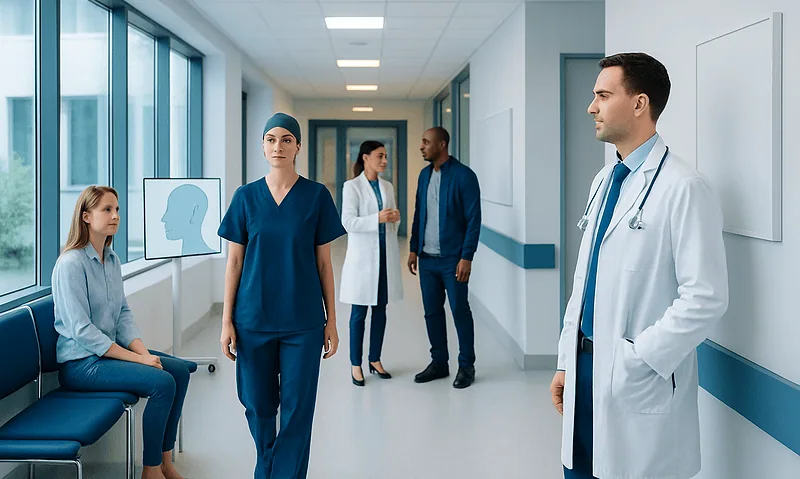Medical team in hospital corridor with patient and doctors.