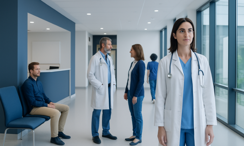 Medical team in hospital corridor with doctor and patient in background.