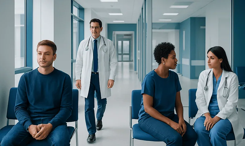 Medical consultation with patients in a hospital corridor.