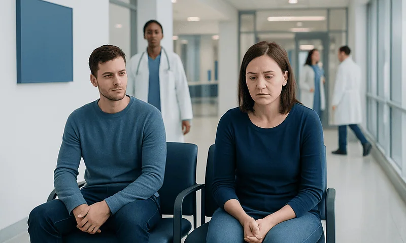 Patients waiting in a hospital corridor with medical staff in the background.
