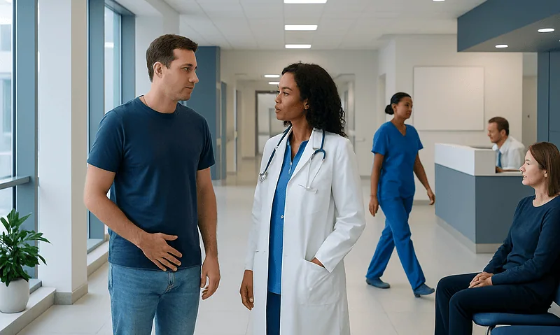 Doctor consulting a patient in a hospital corridor with staff in the background.