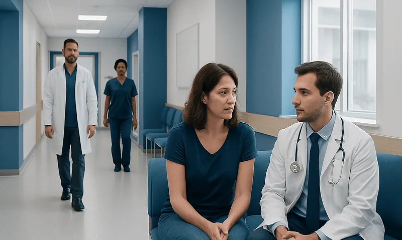 Doctor consulting with a female patient in a hospital corridor.