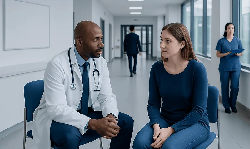Genital Warts Treatment: Diagnosis, Outlook, and Modern Treatment Approaches 6 Doctor consulting with a patient in a modern hospital corridor.