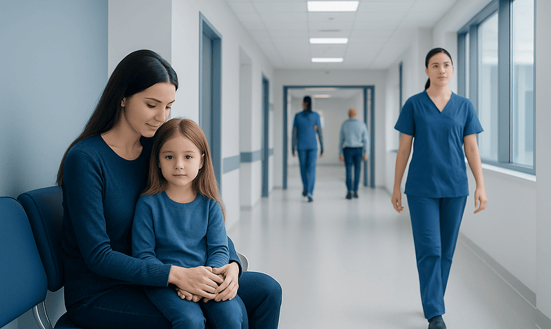 Mother and daughter waiting in hospital corridor with medical staff nearby.