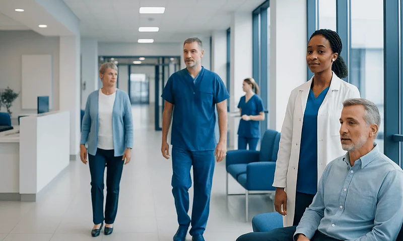 Medical team and patients in a hospital corridor at Acibadem Hospitals Group.