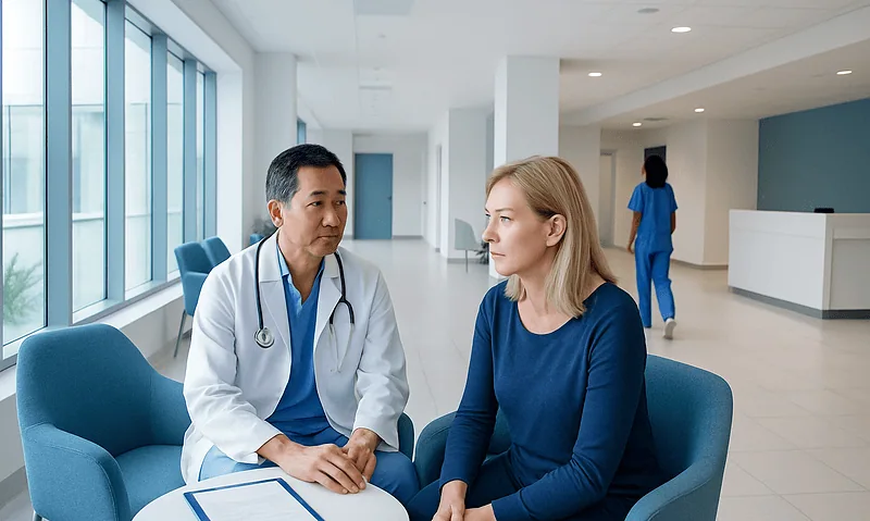 Doctor consulting with a female patient in a modern hospital lobby.