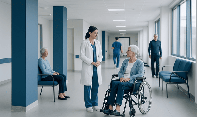 Geriatric: A Complete Medical Overview 6 Healthcare professional consulting elderly patient in hospital corridor.