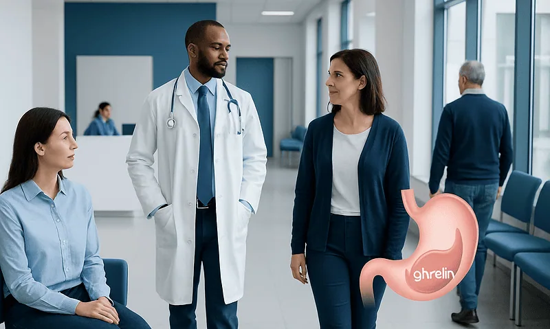 Ghrelin: An Evidence-Based Guide for Patients 9 Doctor consulting with female patient in hospital corridor with stomach illustration.