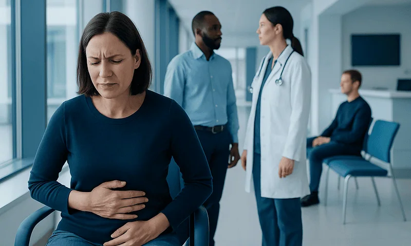 Gi Ulceration Symptoms: Possible Causes and When to Seek Care 15 Woman experiencing stomach pain in a hospital corridor with medical staff nearby.