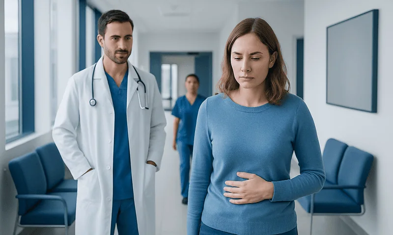Woman experiencing stomach pain in hospital corridor with doctors nearby.
