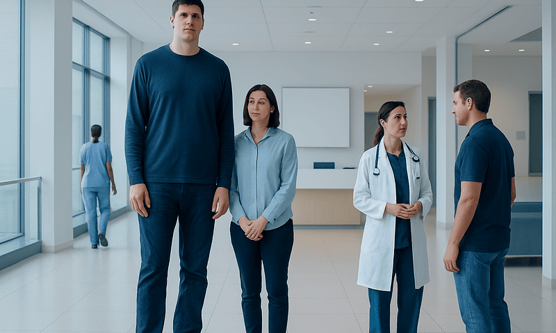 Medical team discussing patient care in hospital corridor.
