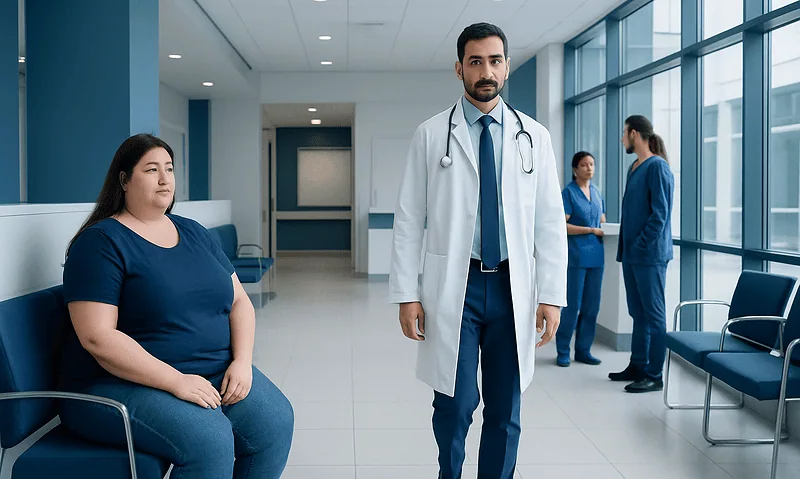 Doctor with patients in hospital corridor, healthcare setting.