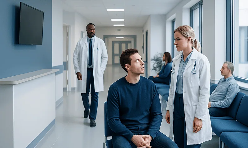 Doctor consulting a patient in a hospital corridor with other patients nearby.