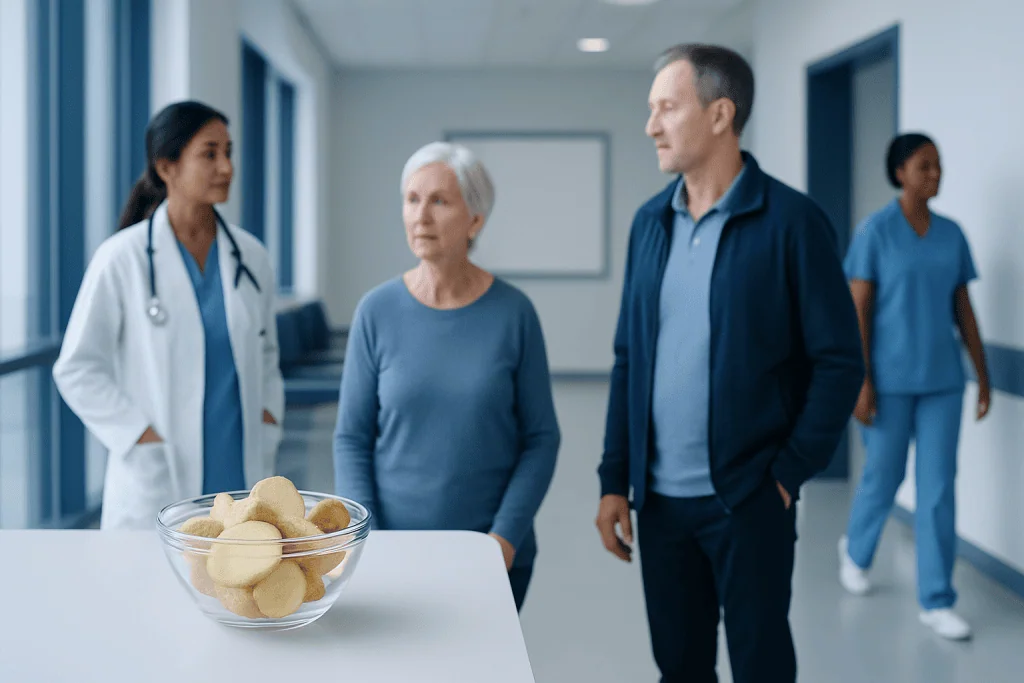 Ginger Benefits: An Evidence-Based Guide for Patients 1 Patients and healthcare professionals in a hospital corridor discussing health.