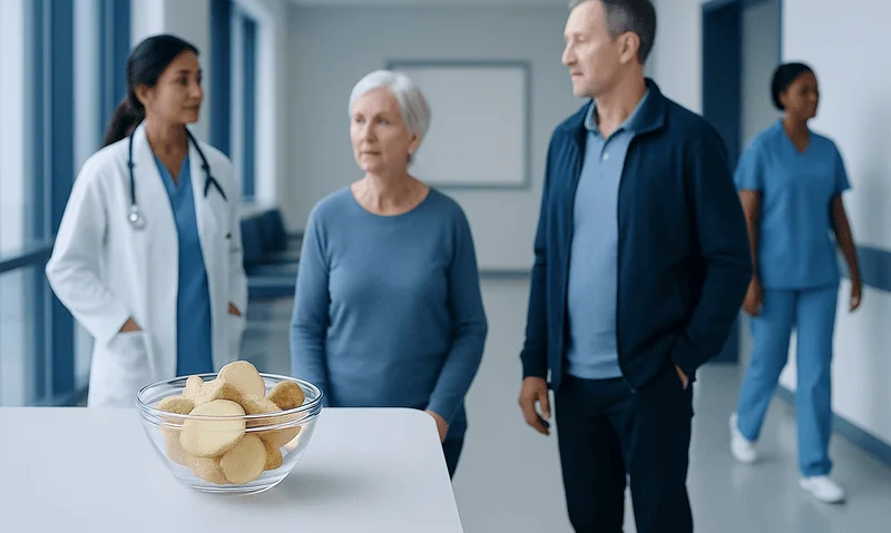 Ginger Benefits: An Evidence-Based Guide for Patients 6 Patients and healthcare professionals in a hospital corridor discussing health.