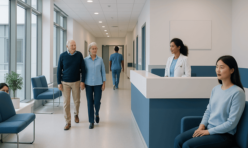 Patients and staff in a modern hospital corridor at Acibadem Hospitals Group.