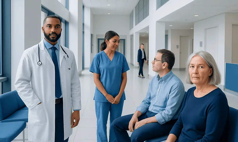 Medical team consulting with patients in hospital corridor.