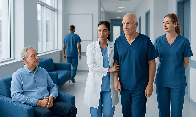 Medical team consulting with patient in hospital corridor.