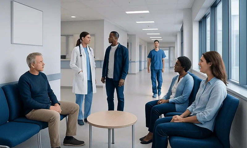 Medical team consulting with patient in hospital corridor.