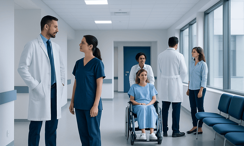 Medical team in hospital corridor with patient in wheelchair.
