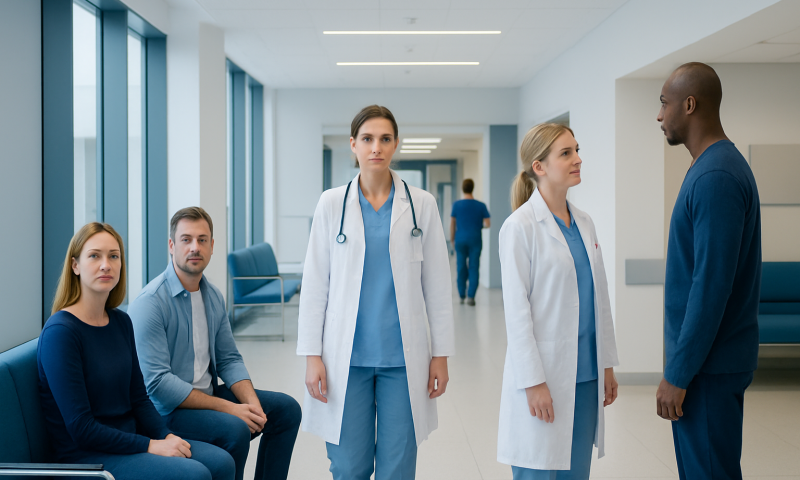 Medical team discussing patient care in hospital corridor.