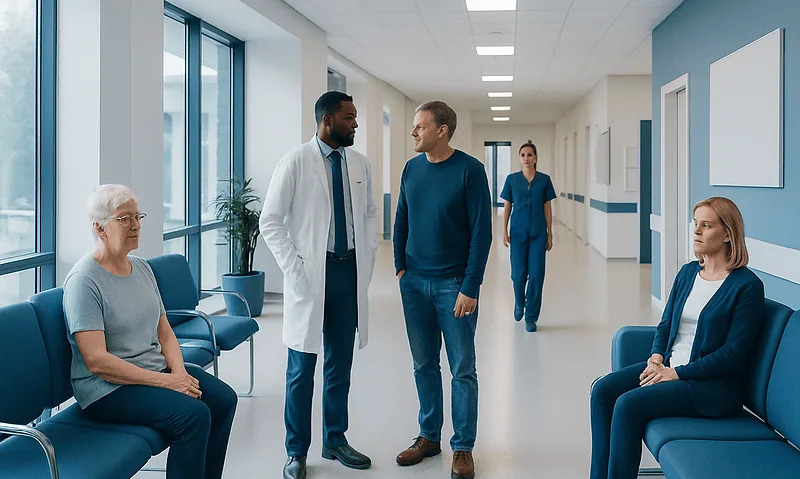Hospital corridor with patients and medical staff engaging in conversation.