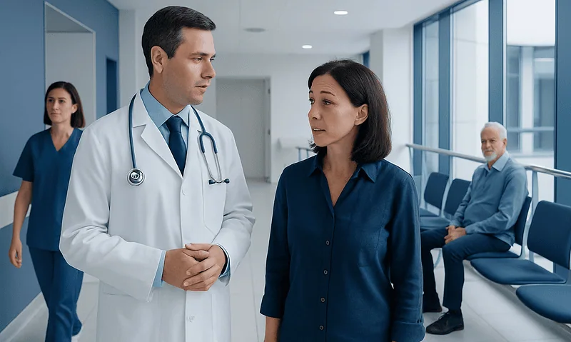 Doctor talking to a female patient in a hospital corridor.