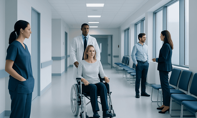 Hospital corridor with medical staff and a patient in wheelchair.