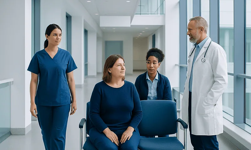 Doctor consulting female patient in hospital corridor with medical staff.