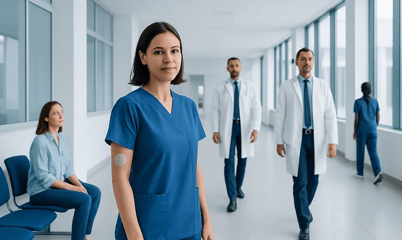 Healthcare professionals in a hospital corridor with a nurse in the foreground.
