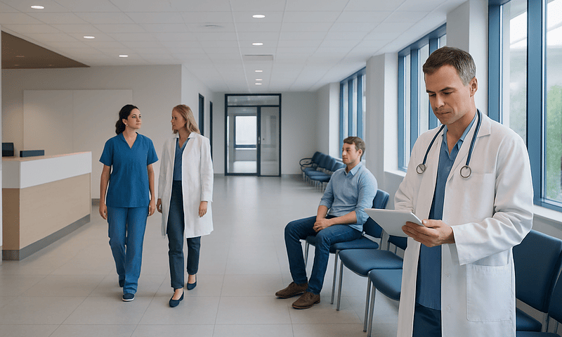 Doctors and patients in a modern hospital corridor with large windows.