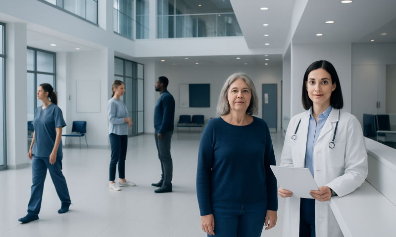 Healthcare professionals and patients in a modern hospital lobby.