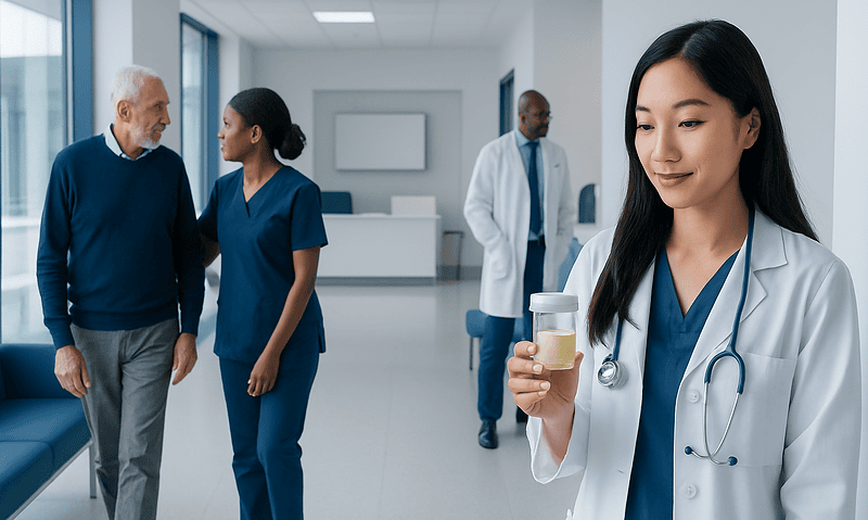 Glucose in urine: Common Causes, Warning Signs, and When to See a Doctor 5 Medical professionals and patient in a hospital corridor at Acibadem Hospitals Group.