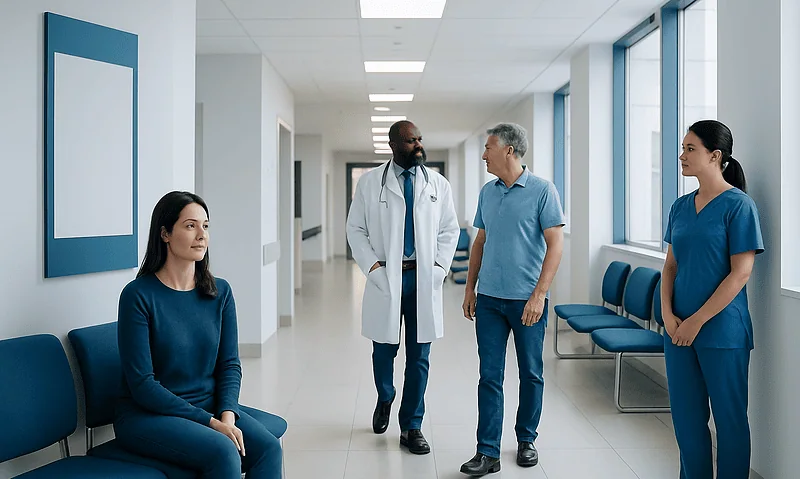 Medical professionals and patient in hospital corridor at Acibadem Hospitals Group.